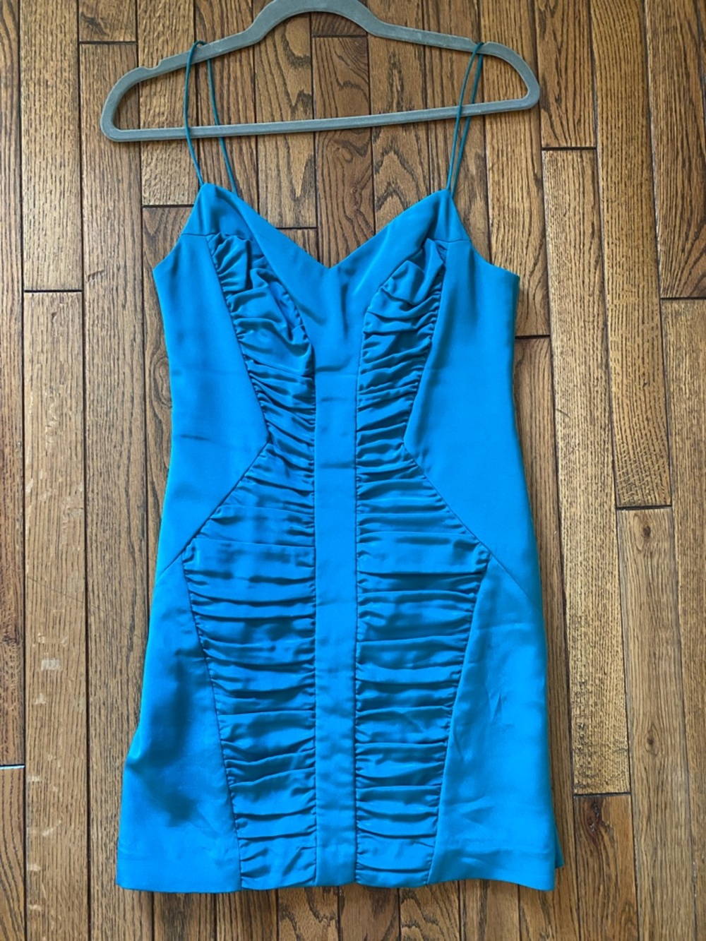 Nicole Miller Teal Satin Ruched Mini Dress